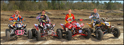 Waldo MX - AMA Pro ATV Motocross racers #89 Cody Suggs, #74 Kyle Fix, #77 Nick Moser, and #695 Ronnie Higgerson